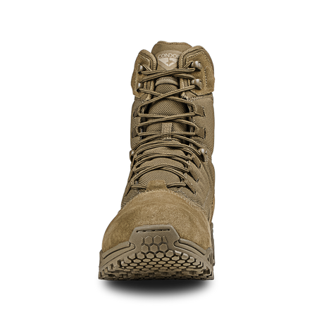 The Condor Brigade 8-inch Tactical Boots - AR670 are tan military-style boots featuring a high ankle, front laces, rugged sole, and a Condor logo on the tongue, shown from the front against a white background.