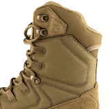 Close-up of the Condor Brigade 8-inch Tactical Boots - AR670 shows tan color, metal eyelets, durable fabric, and reinforced stitching on the side and ankle.