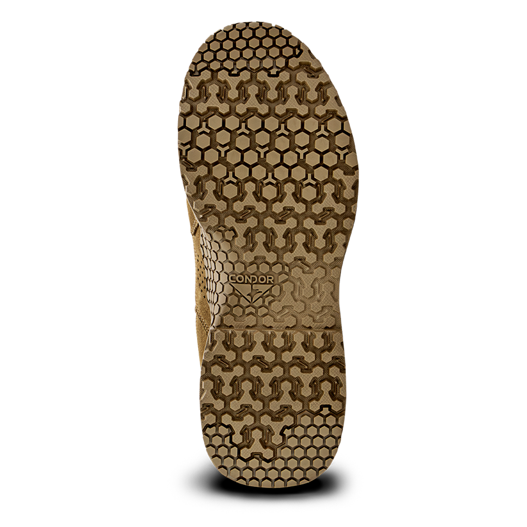 The image shows the sole of the Condor Brigade 8-inch Tactical Boots - AR670 in tan, featuring a hexagonal geometric tread pattern and the word "CONDOR" printed near the arch.