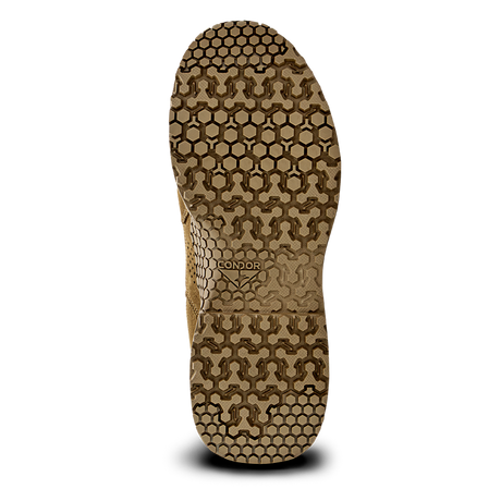 The image shows the sole of the Condor Brigade 8-inch Tactical Boots - AR670 in tan, featuring a hexagonal geometric tread pattern and the word "CONDOR" printed near the arch.