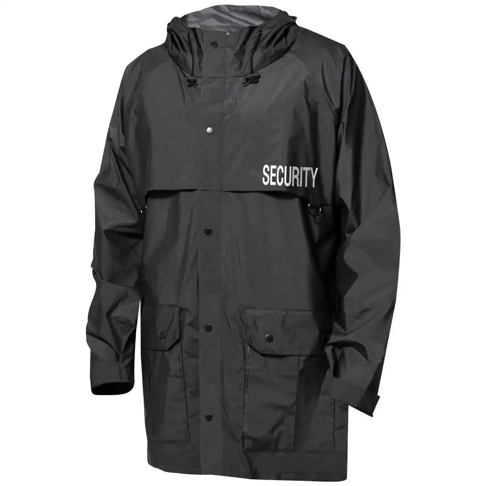 Security Print Black Nylon Hooded Rain Jacket