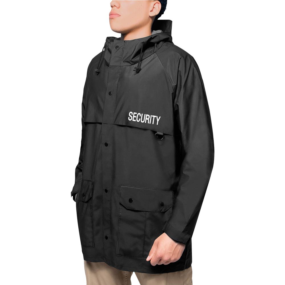 Security Print Black Nylon Hooded Rain Jacket