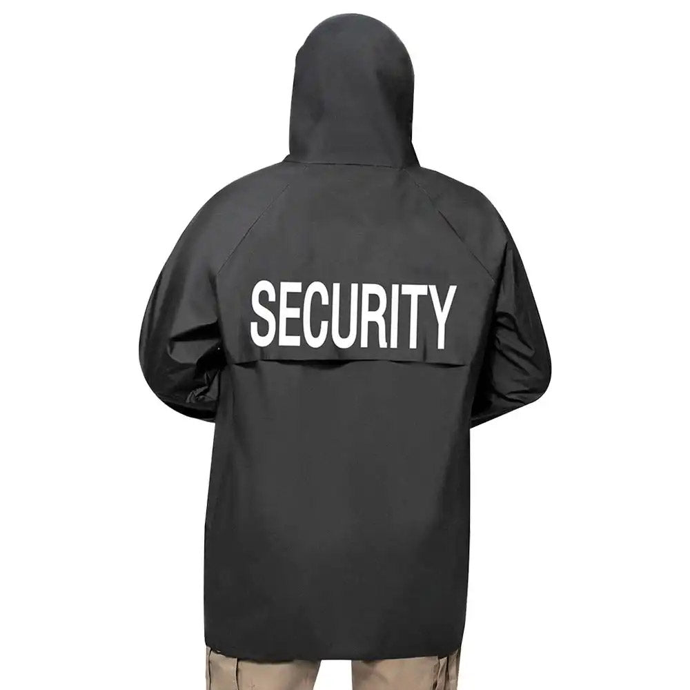 Security Print Black Nylon Hooded Rain Jacket