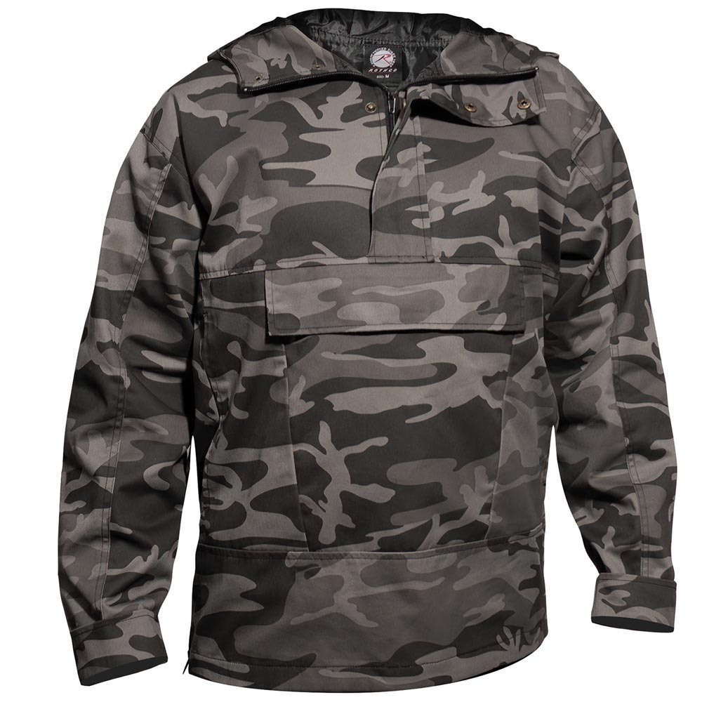 Black Camo Military Style Hooded Anorak Parka