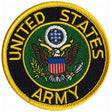 A circular embroidered United States Army patch with a gold border, black outer ring with yellow text reading 'UNITED STATES ARMY,' and a central multicolor emblem featuring an eagle, shield, and white star field on green.