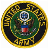 A circular embroidered United States Army patch with a gold border, black outer ring with yellow text reading 'UNITED STATES ARMY,' and a central multicolor emblem featuring an eagle, shield, and white star field on green.