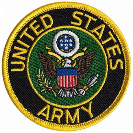 A circular embroidered United States Army patch with a gold border, black outer ring with yellow text reading 'UNITED STATES ARMY,' and a central multicolor emblem featuring an eagle, shield, and white star field on green.