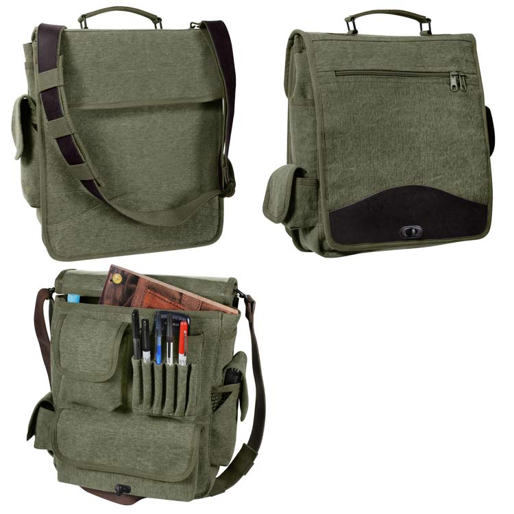 Olive Drab Vintage M-51 Engineer Messenger Bag with Leather Trim