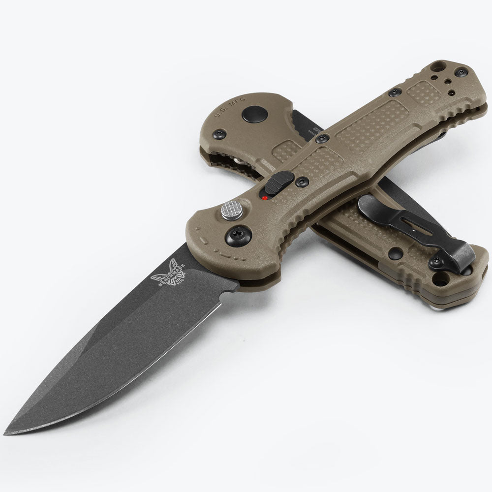 Benchmade 9570BK-1 Mini Claymore AUTO Folding Knife with 3 inch CPM-D2 Black Drop Point Plain Blade & Ranger Green Grivory Handle