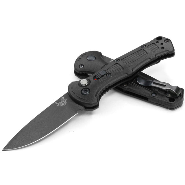 Benchmade 9570BK Mini Claymore AUTO Folding Knife with 3 inch CPM-D2 Black Drop Point Plain Blade and Black Grivory Handle