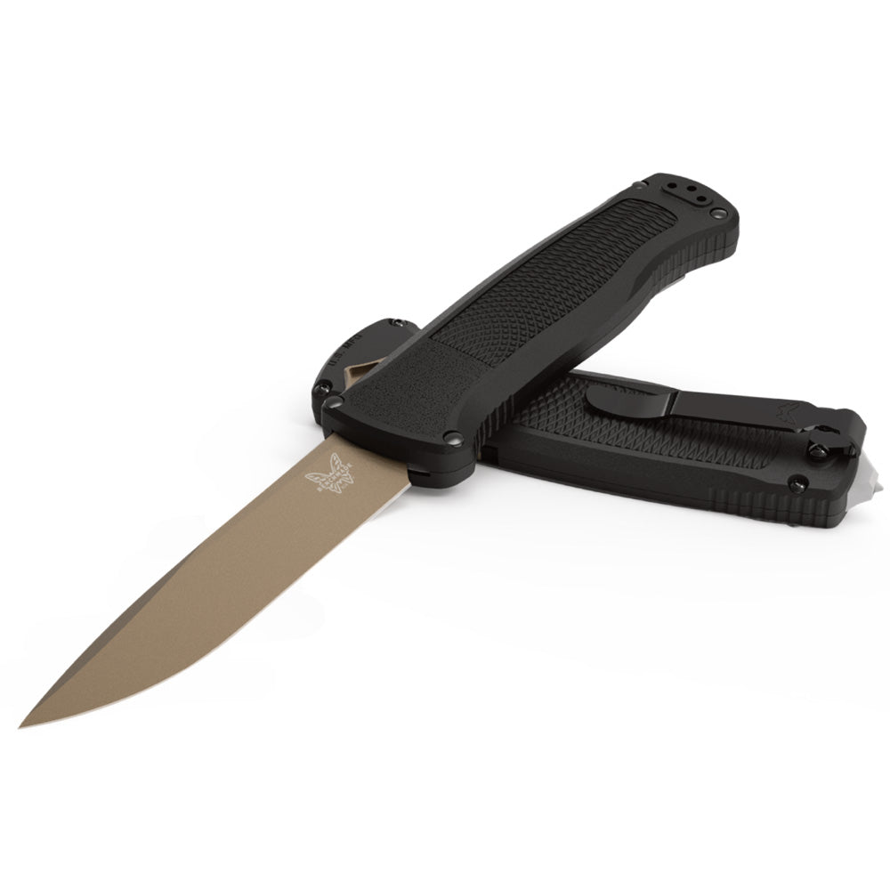 Benchmade 5371FE Shootout OTF AUTO Knife with 3.51 inch Flat Earth Drop Point Blade and Black Handle