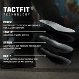 Close-up of Condor Brigade 6-inch Tactical Boots (Black) showing eco-friendly perfed footbed, adjustable system, lightweight rebound tech with shank, and traction tread pattern.