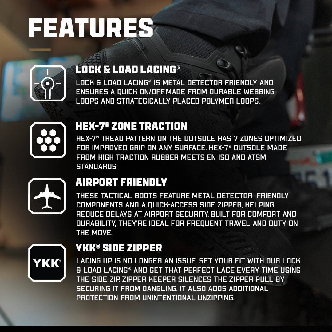 The Condor Brigade 8-inch Tactical Boots - Zip (Black) feature lock & load lacing, hex-7 zone traction, an airport-friendly build, and a YKK side zipper—with icons and descriptions displayed on a blurred background.