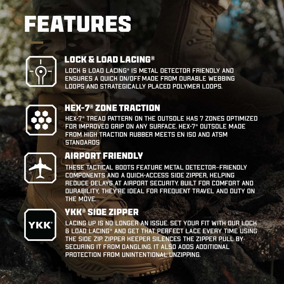 The Condor Brigade 8-inch Tactical Boots - Zip (Coyote Brown) feature Lock & Load lacing, Hex-7 zone traction, airport-friendly build, and a YKK side zipper for secure, convenient access.