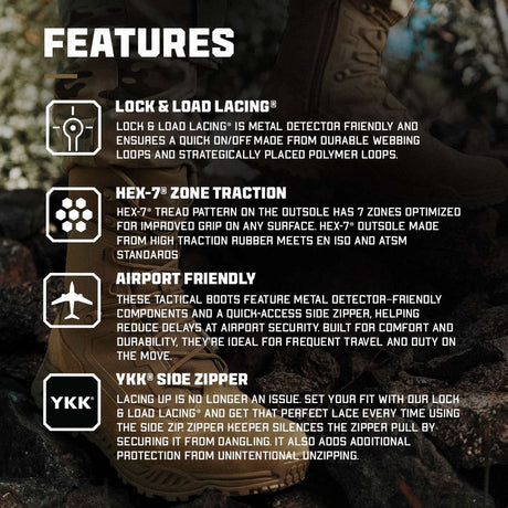 The Condor Brigade 8-inch Tactical Boots - Zip (Coyote Brown) feature Lock & Load lacing, Hex-7 zone traction, airport-friendly build, and a YKK side zipper for secure, convenient access.