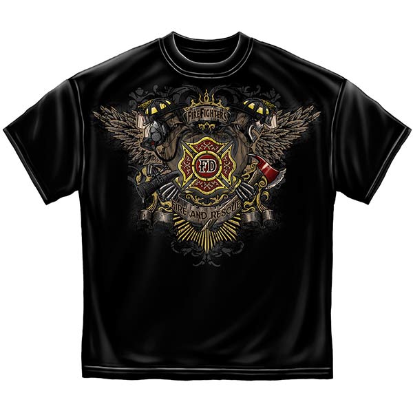 Skull and Wings Full Front and Back Firefighter T-Shirt - Black