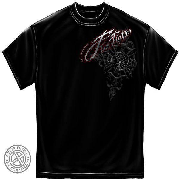 Red Foil Script Firefighter T-Shirt - Black