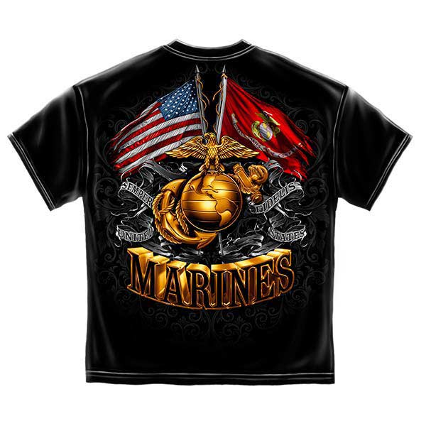 USMC Gold Globe, Eagle and Double Flag T-Shirt - Black