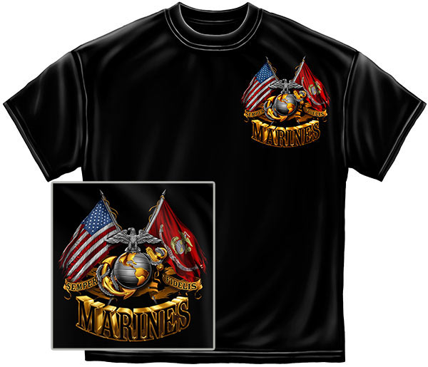 USMC Gold Globe, Eagle and Double Flag T-Shirt - Black