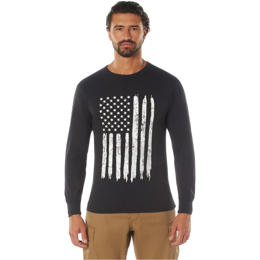 Distressed White US Flag Long Sleeve T-Shirt