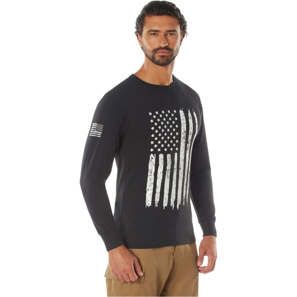 Distressed White US Flag Long Sleeve T-Shirt