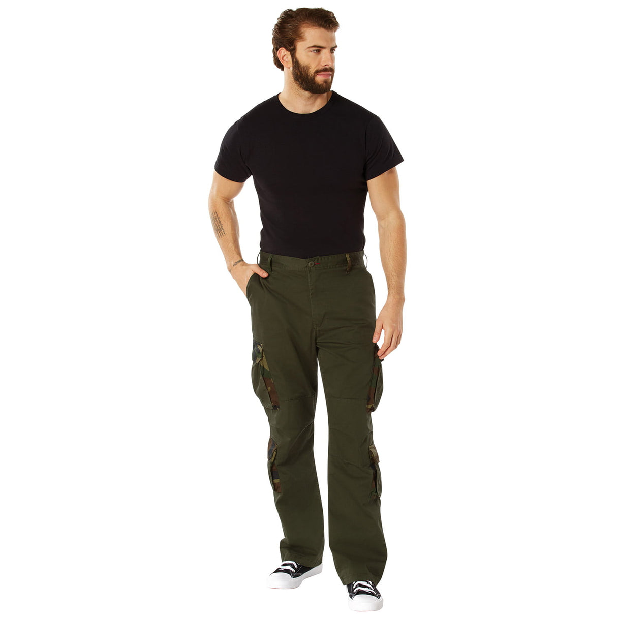 Vintage Olive Drab Military Cargo Pants with Camo Accents