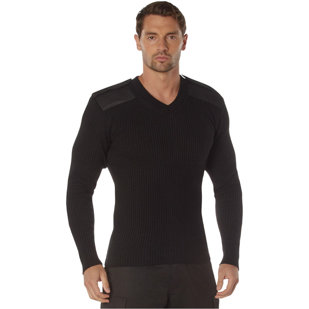 Black Acrylic V-Neck Military Commando Sweater