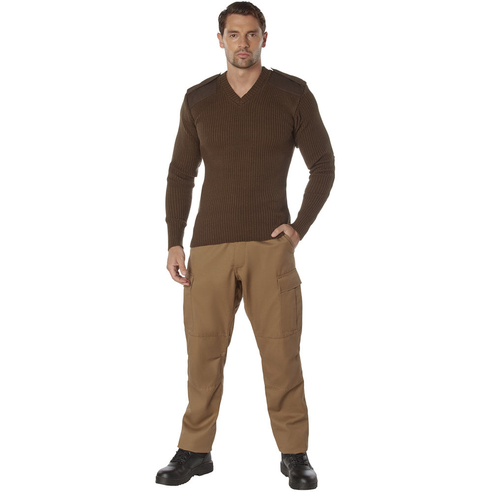 Brown V-Neck Acrylic Military Commando Sweater