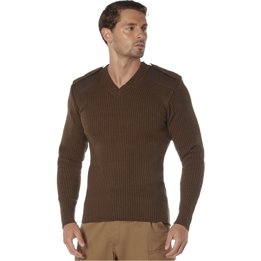 Brown V-Neck Acrylic Military Commando Sweater