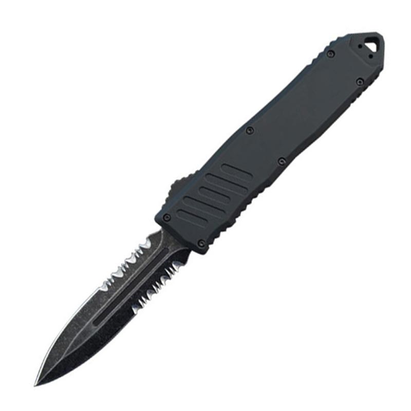 SDS Stonewash Blade Black Handle Double Edge Serrated 3.5-inch OTF Automatic Knife