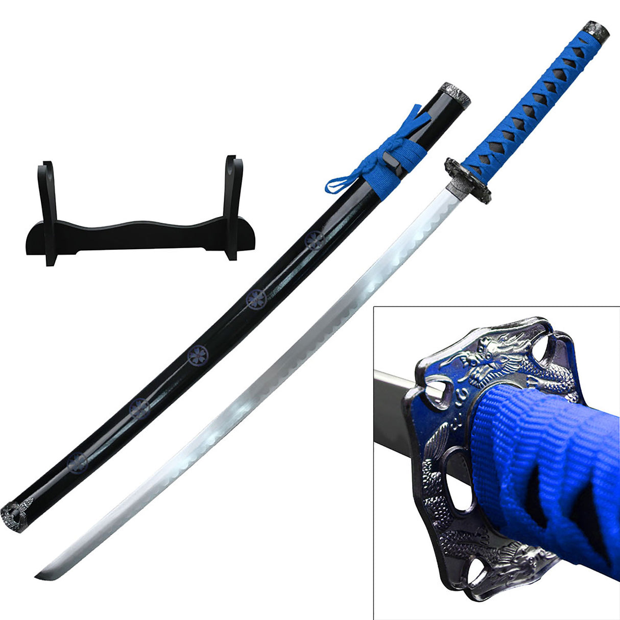 Samurai Sword with Chrome Dragon Tsuba and Stand