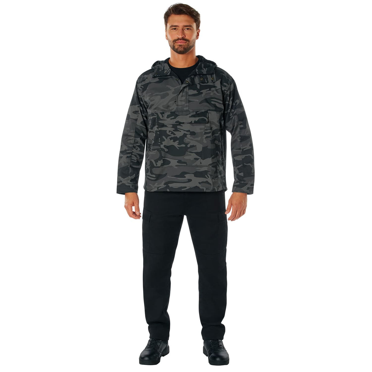 Black Camo Military Style Hooded Anorak Parka