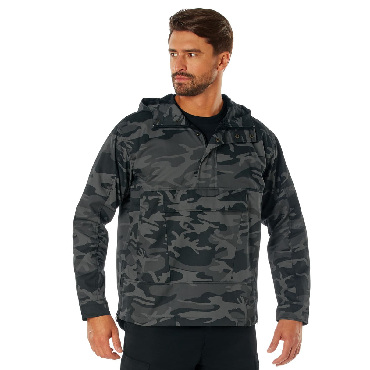 Black Camo Military Style Hooded Anorak Parka