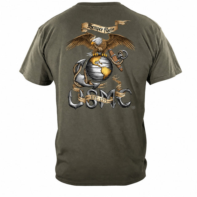 Rustic Semper Fidelis USMC T-shirt - Green - back view
