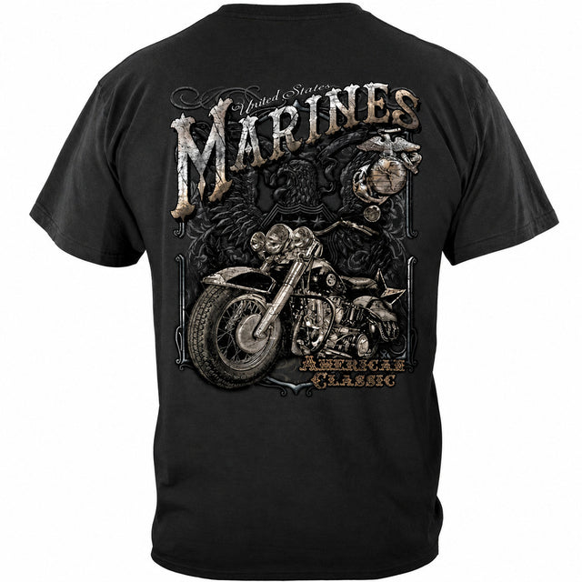 USMC Biker American Classic Vintage Marines T-Shirt - Black - back view