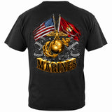 USMC Gold Globe, Eagle and Double Flag T-Shirt - Black - back view