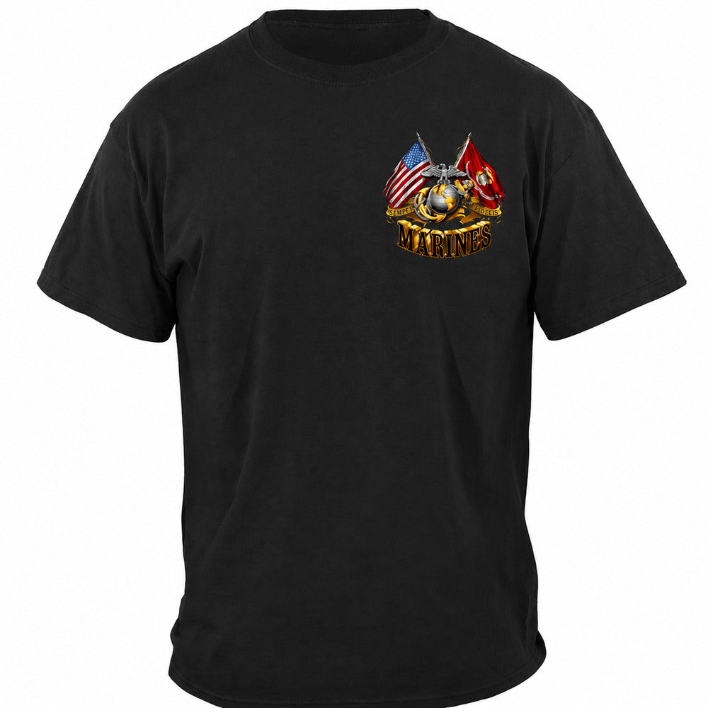 USMC Gold Globe, Eagle and Double Flag T-Shirt - Black - front view