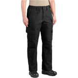 Black tactical cargo pants shown on a model from the waist down, paired with black boots and a tan top against a white background.
