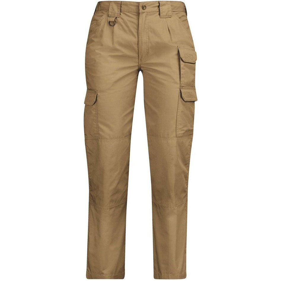 A pair of khaki cargo pants with multiple utility pockets, shown flat against a solid white background.