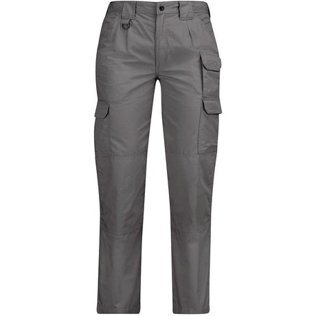 A pair of women's gray cargo pants with multiple utility pockets, shown flat against a solid white background.