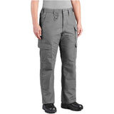 A person wearing gray cargo pants with black shoes, shown from the waist down against a plain white background.
