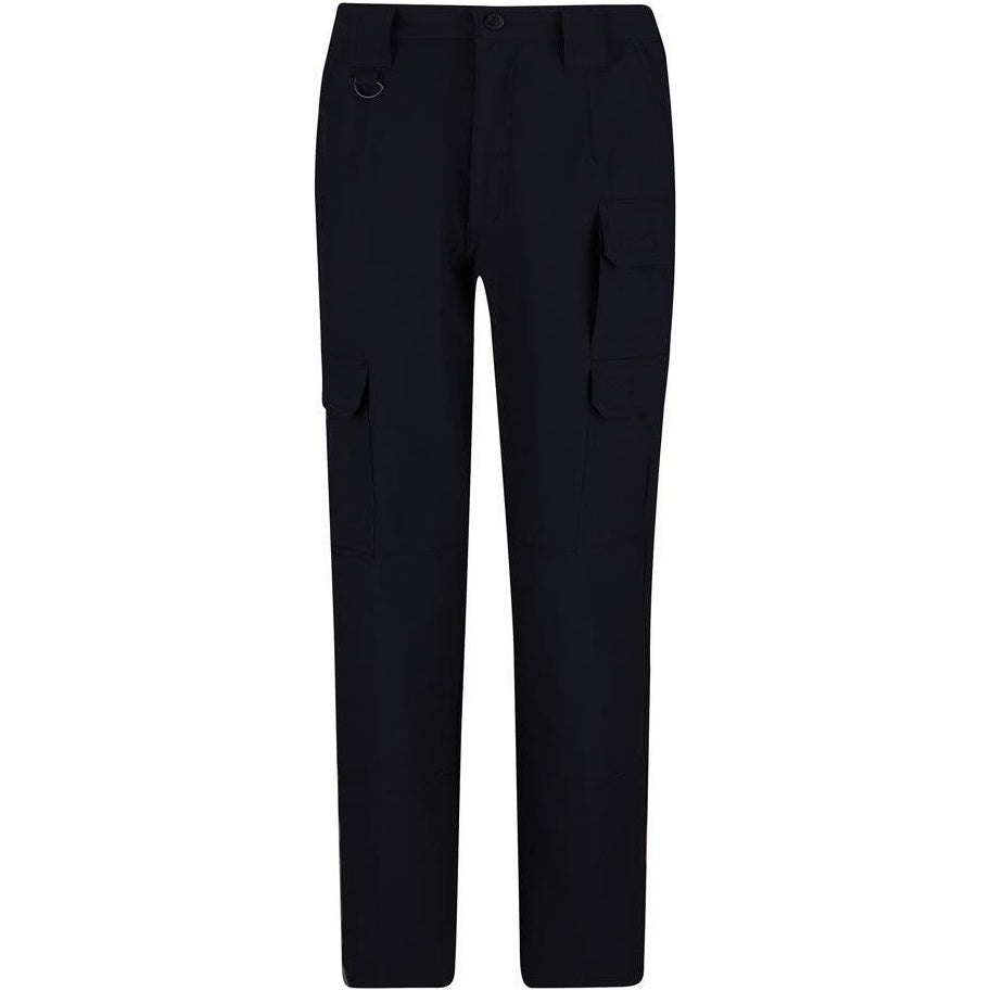 A pair of dark navy cargo pants with side flap pockets and a metal D-ring detail on the right hip, shown against a plain white background.