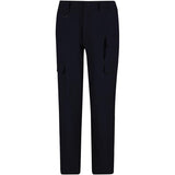 A pair of dark navy cargo pants with side flap pockets and a metal D-ring detail on the right hip, shown against a plain white background.