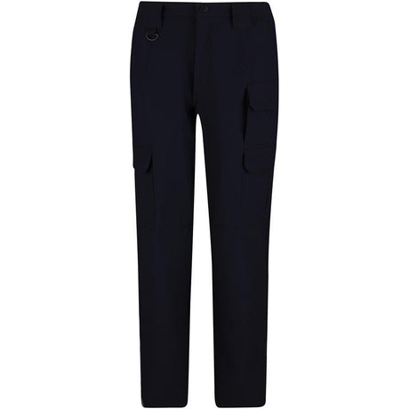 A pair of dark navy cargo pants with side flap pockets and a metal D-ring detail on the right hip, shown against a plain white background.