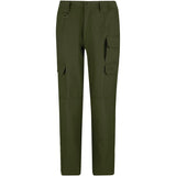 Olive green cargo pants with multiple utility pockets and a metal ring detail on the right hip, shown against a plain white background.