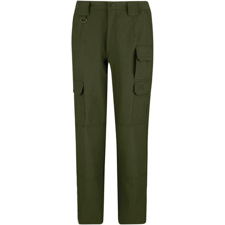 Olive green cargo pants with multiple utility pockets and a metal ring detail on the right hip, shown against a plain white background.