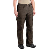 A model wearing dark brown cargo pants with multiple utility pockets, shown from the waist down on a white background.