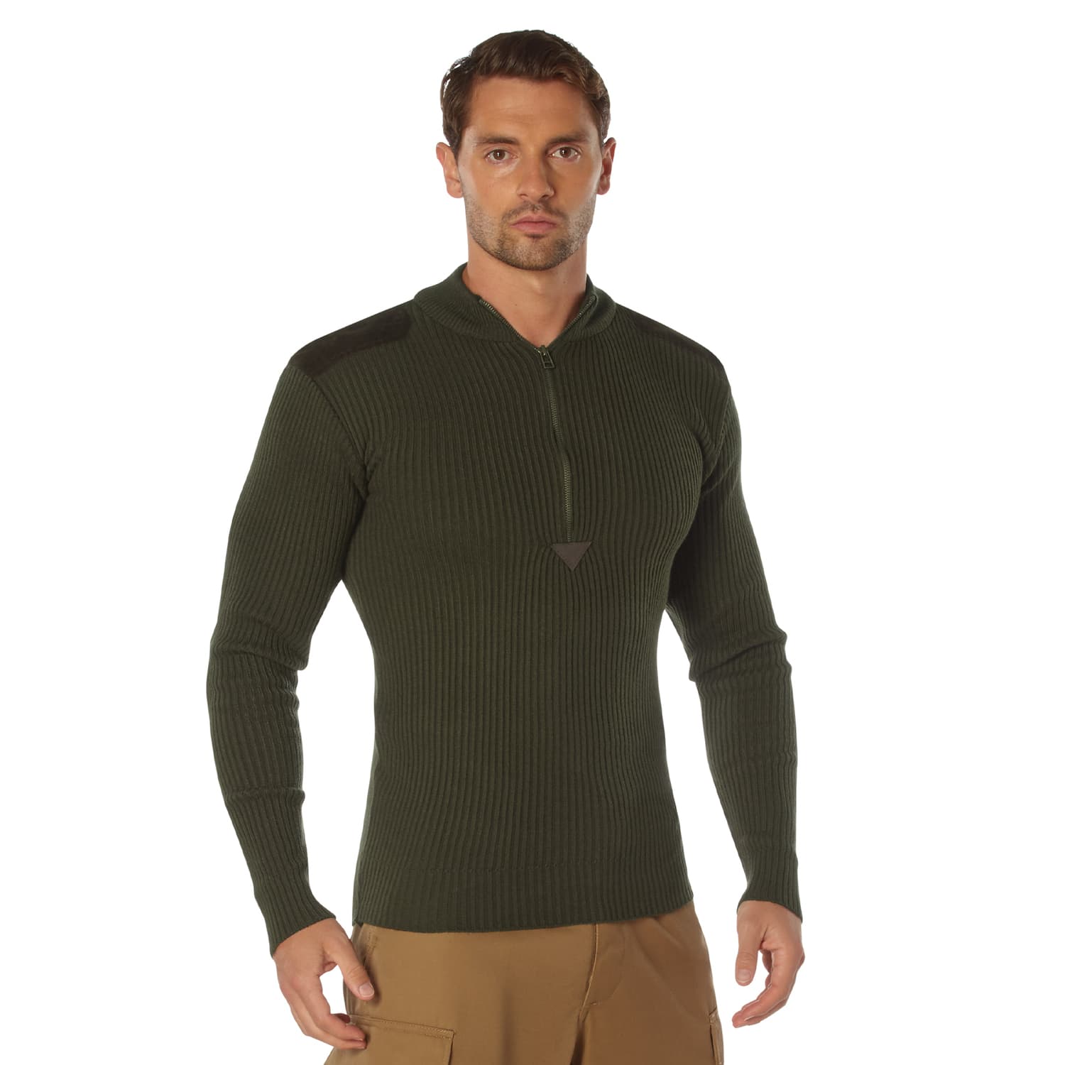 トップス double zip military rib knit Olive Drab Acrylic Quarter Zip Commando Style Military Sweater