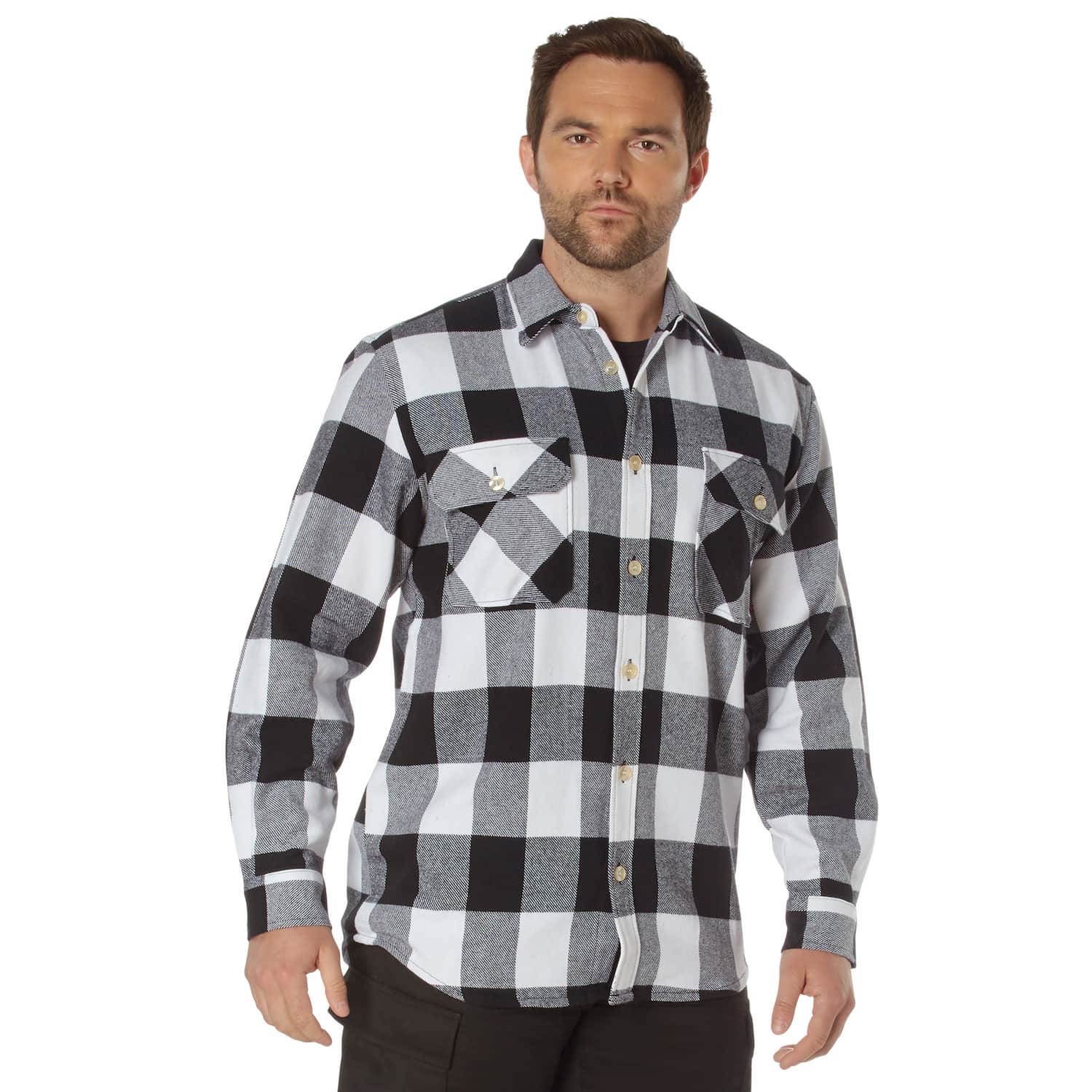 Heavyweight Men's White and Black Plaid Flannel Shirt